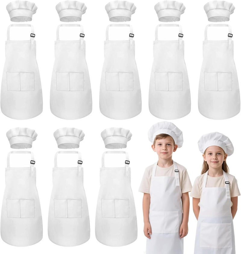 IAGBIBUI Kids Apron and Chef Hat Set, 16 Pieces Boys Girls Kids Apron with 2 Pockets Adjustable for Cooking Classroom Baking Painting, 6-13 Years, White - Image 1